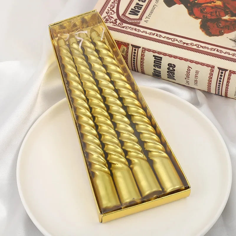 Festive Threaded Spiral Candle – Gold, Silver & White