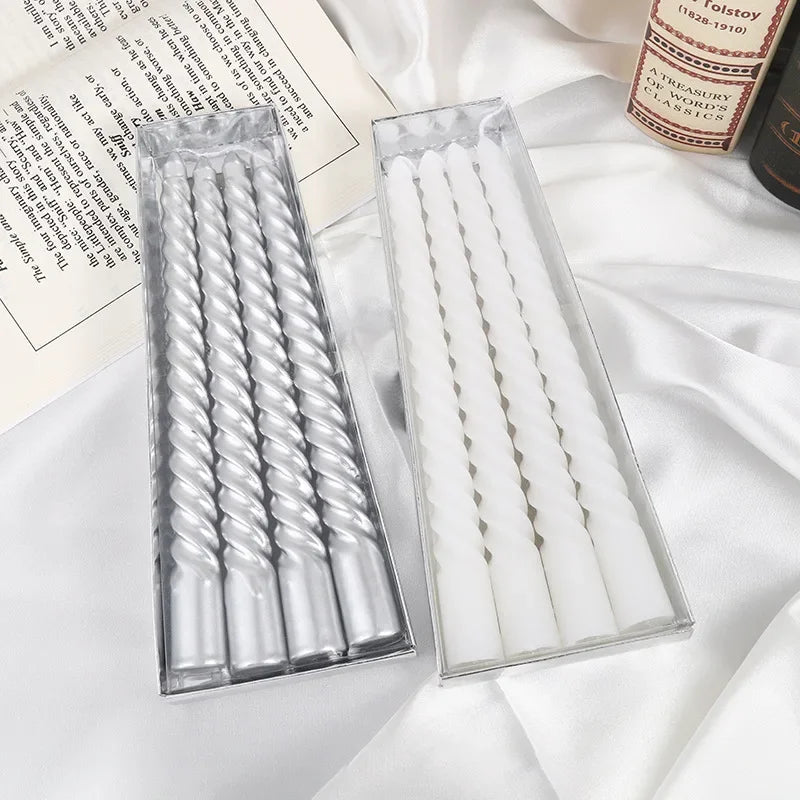 Festive Threaded Spiral Candle – Gold, Silver & White