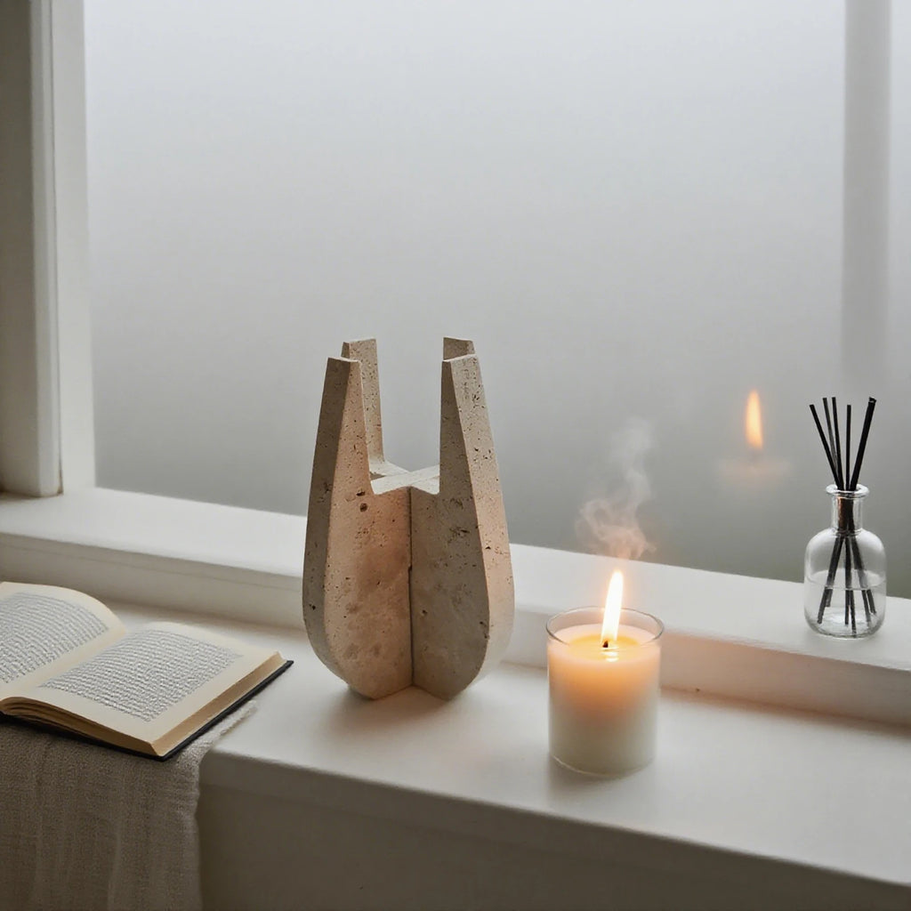 Travertine Stone U-Shaped Candle Stand - Modern Natural Elegance