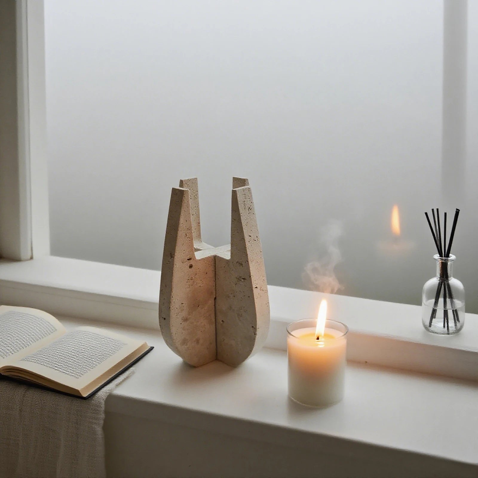 Travertine Stone U-Shaped Candle Stand - Modern Natural Elegance