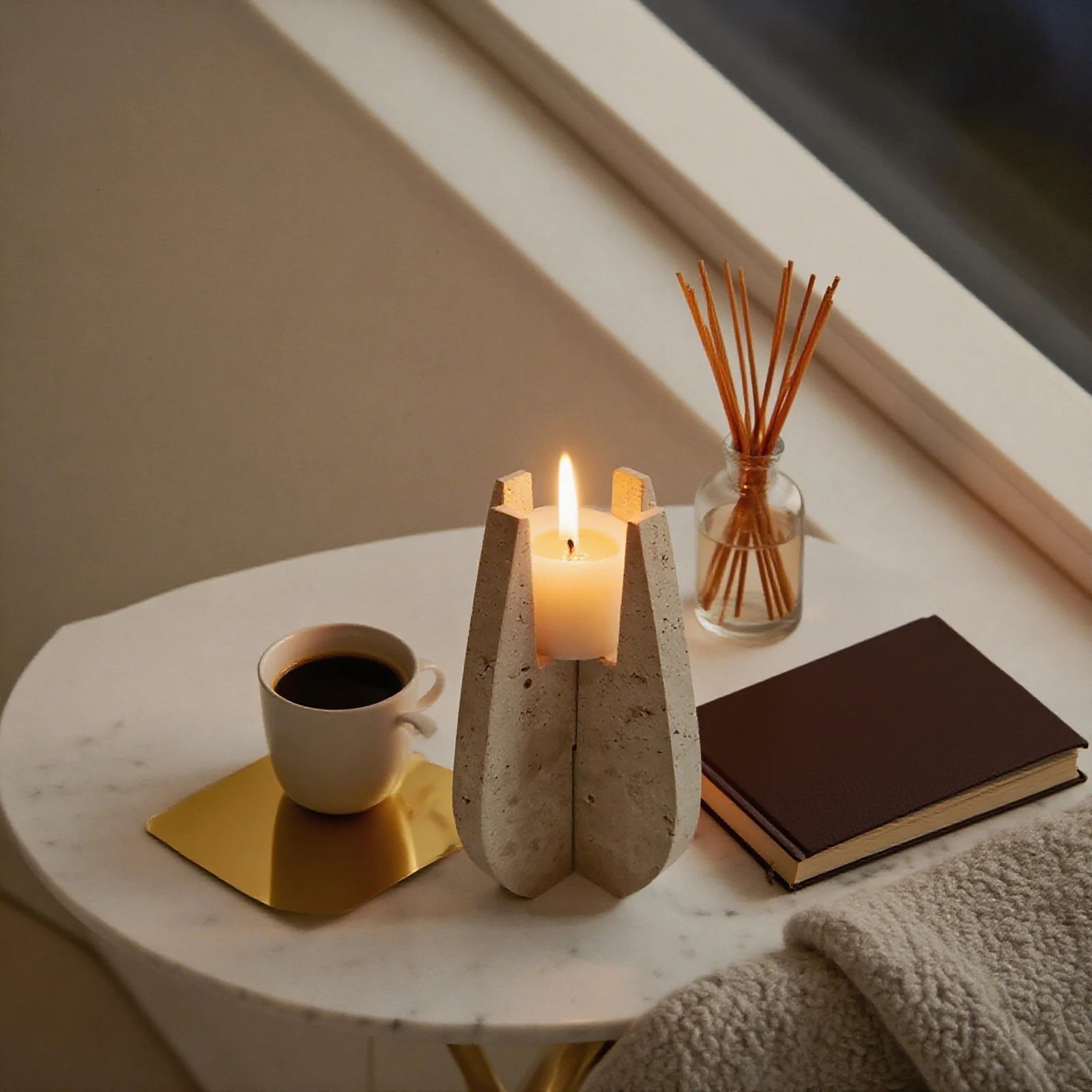 Travertine Stone U-Shaped Candle Stand - Modern Natural Elegance