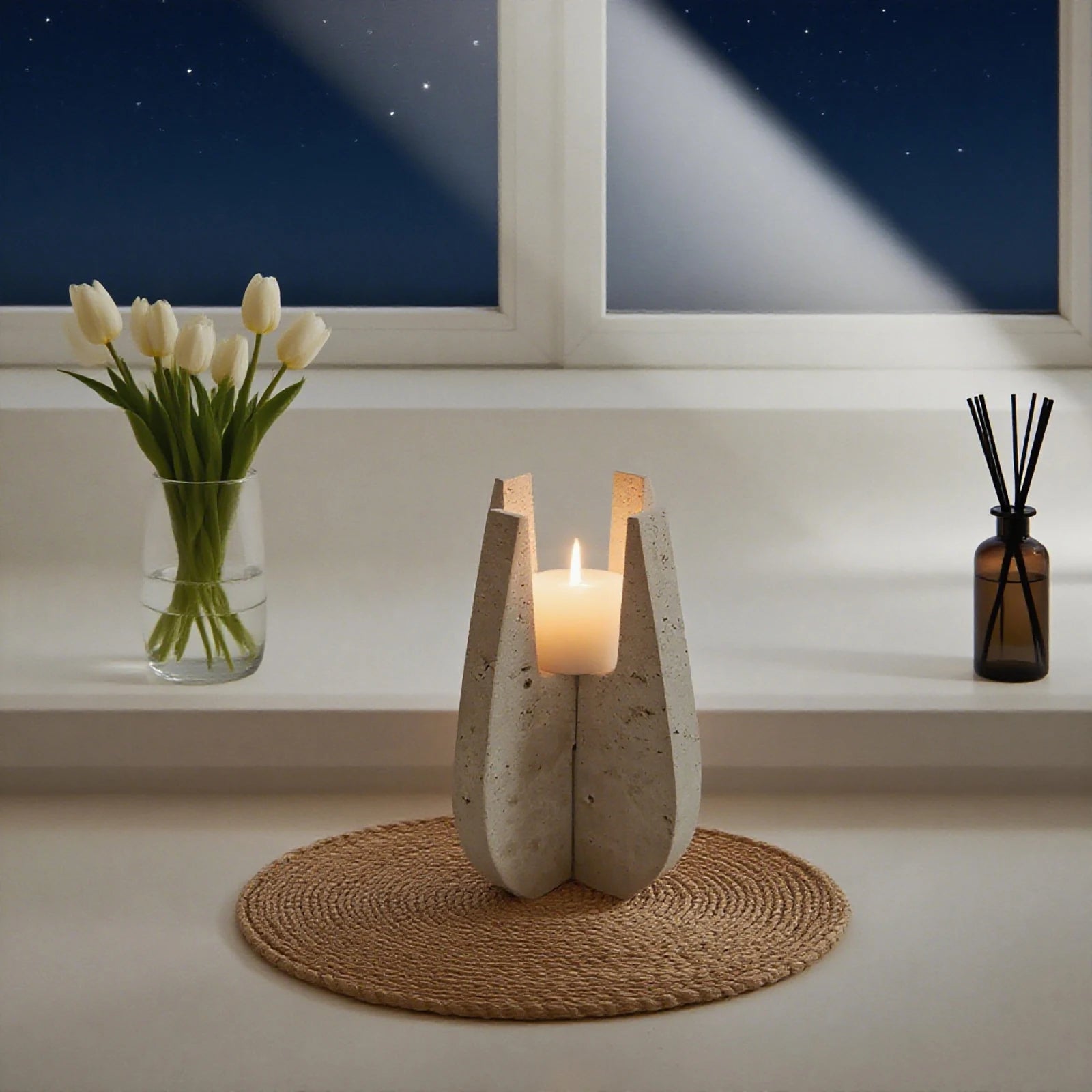 Travertine Stone U-Shaped Candle Stand - Modern Natural Elegance