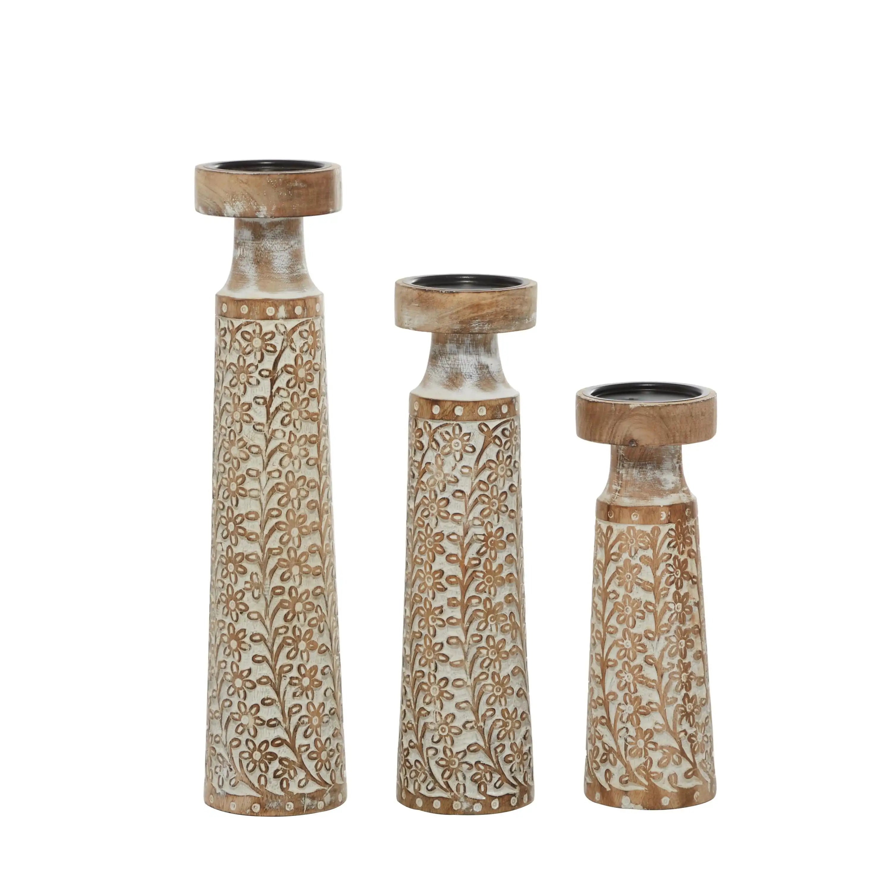 Mango Wood & Iron Candle Holder Set - Rustic Elegant Home Centerpieces (Set of 3)