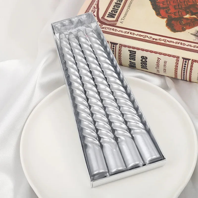 Festive Threaded Spiral Candle – Gold, Silver & White