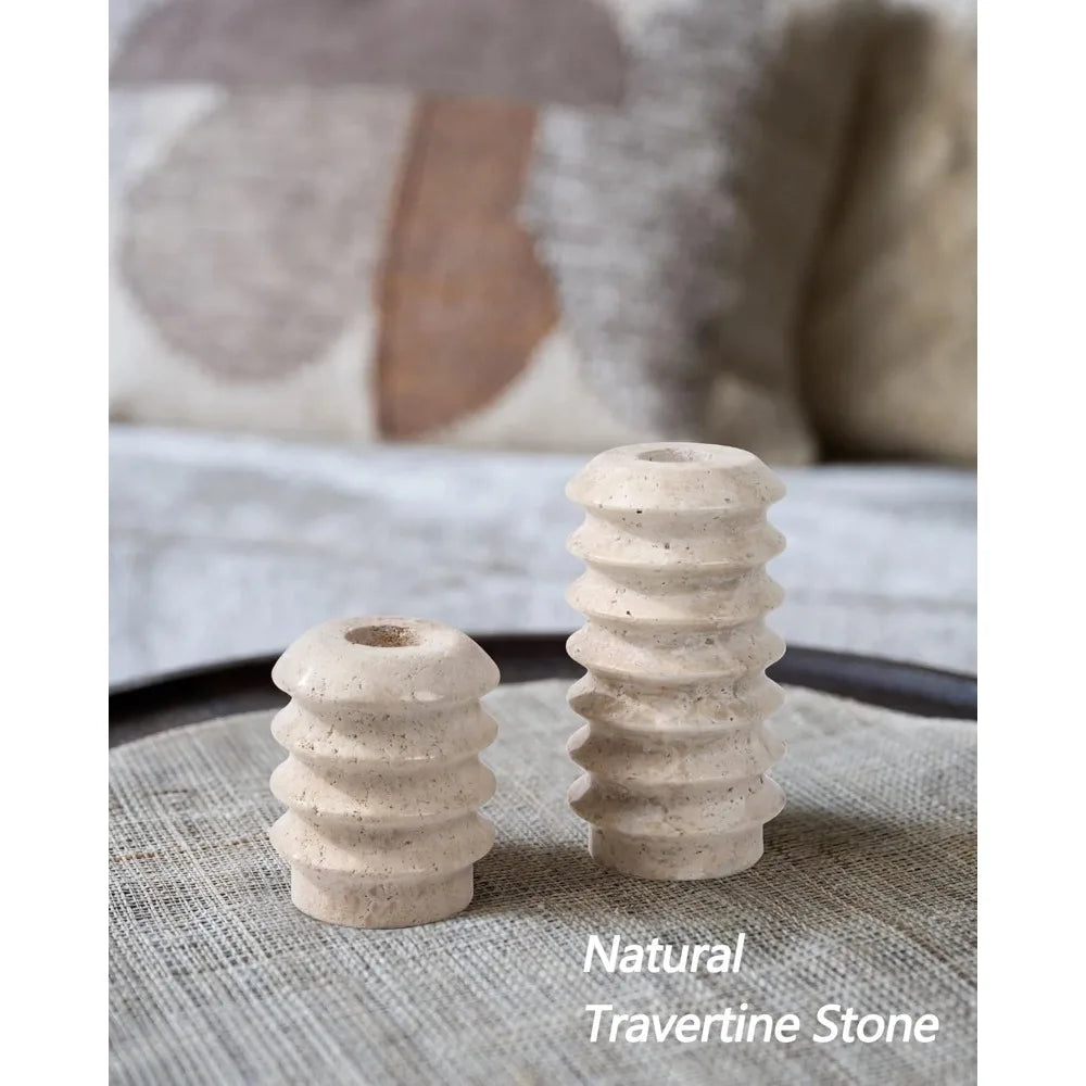 Natural Travertine Stone Candlestick Set - Elegant Home & Wedding Decor (Set of 2)