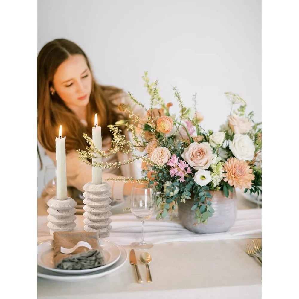 Natural Travertine Stone Candlestick Set - Elegant Home & Wedding Decor (Set of 2)