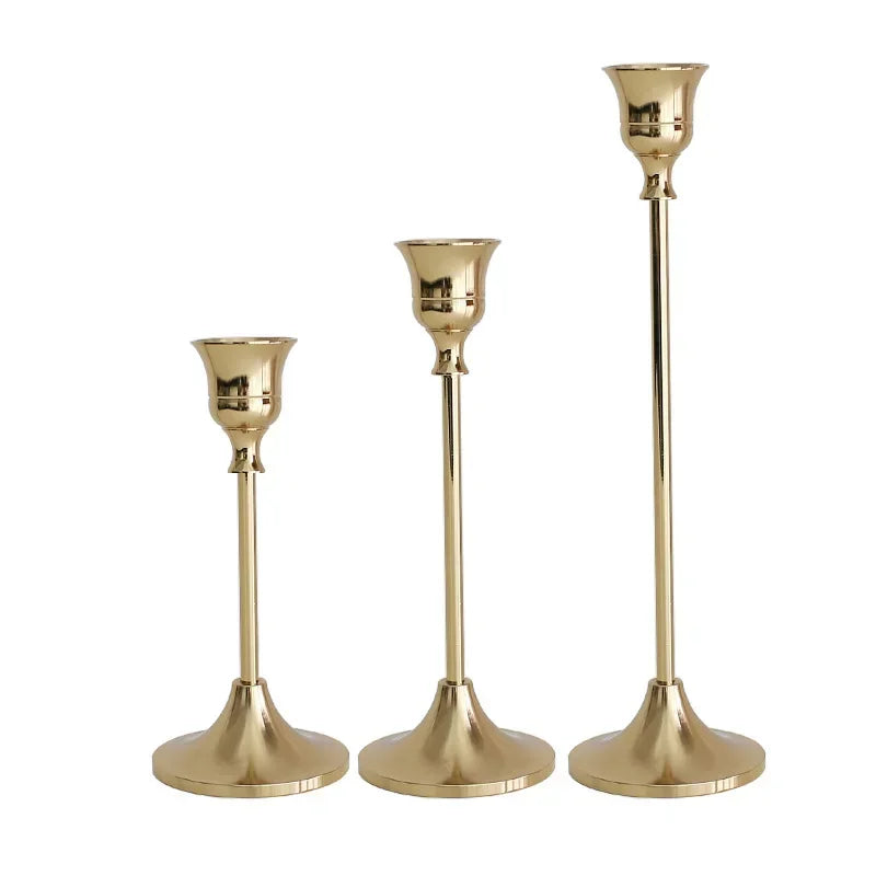 European Metal Candle Holder Set - 3-Piece Golden Candlesticks for Weddings and Home