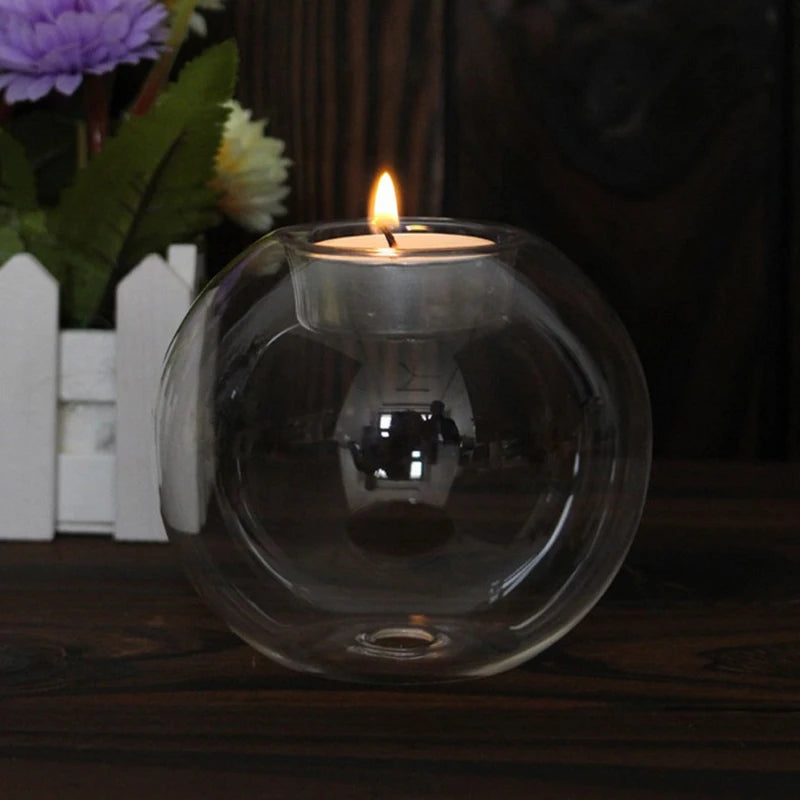 Clear Glass Tealight Candle Holder - Hollow Round Minimalist Accent
