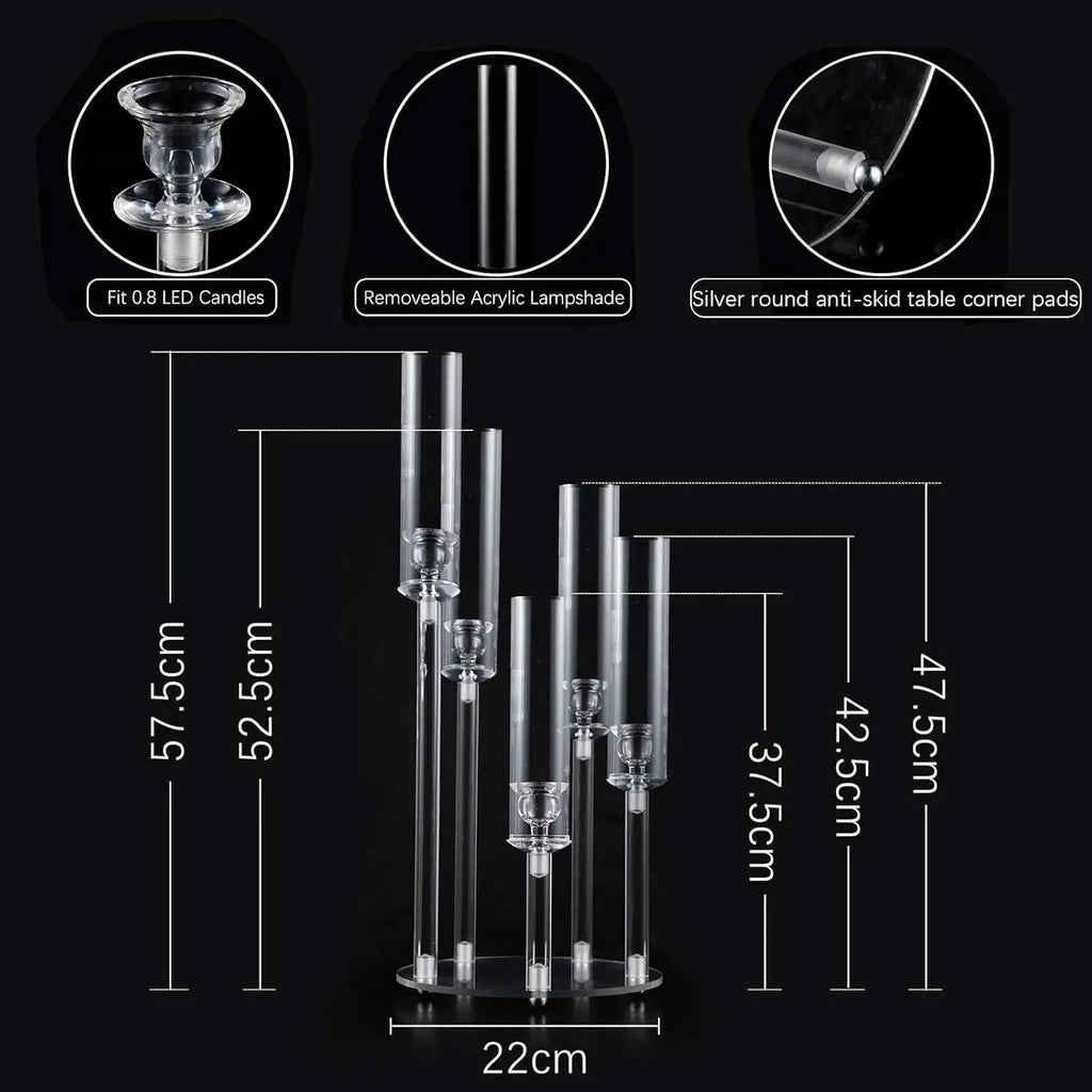 Clear 5-Arm Acrylic Candelabra Set - Elegant Wedding & Event Centerpieces (8 Sets)