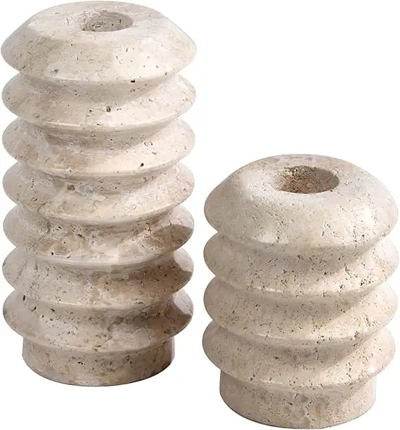 Natural Travertine Stone Candlestick Set - Elegant Home & Wedding Decor (Set of 2)