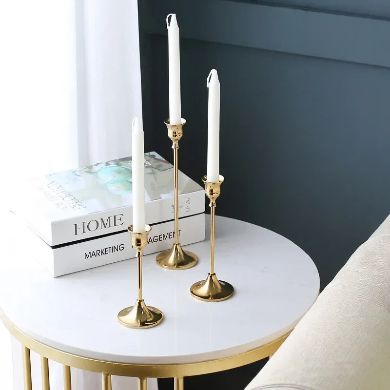 European Metal Candle Holder Set - 3-Piece Golden Candlesticks for Weddings and Home