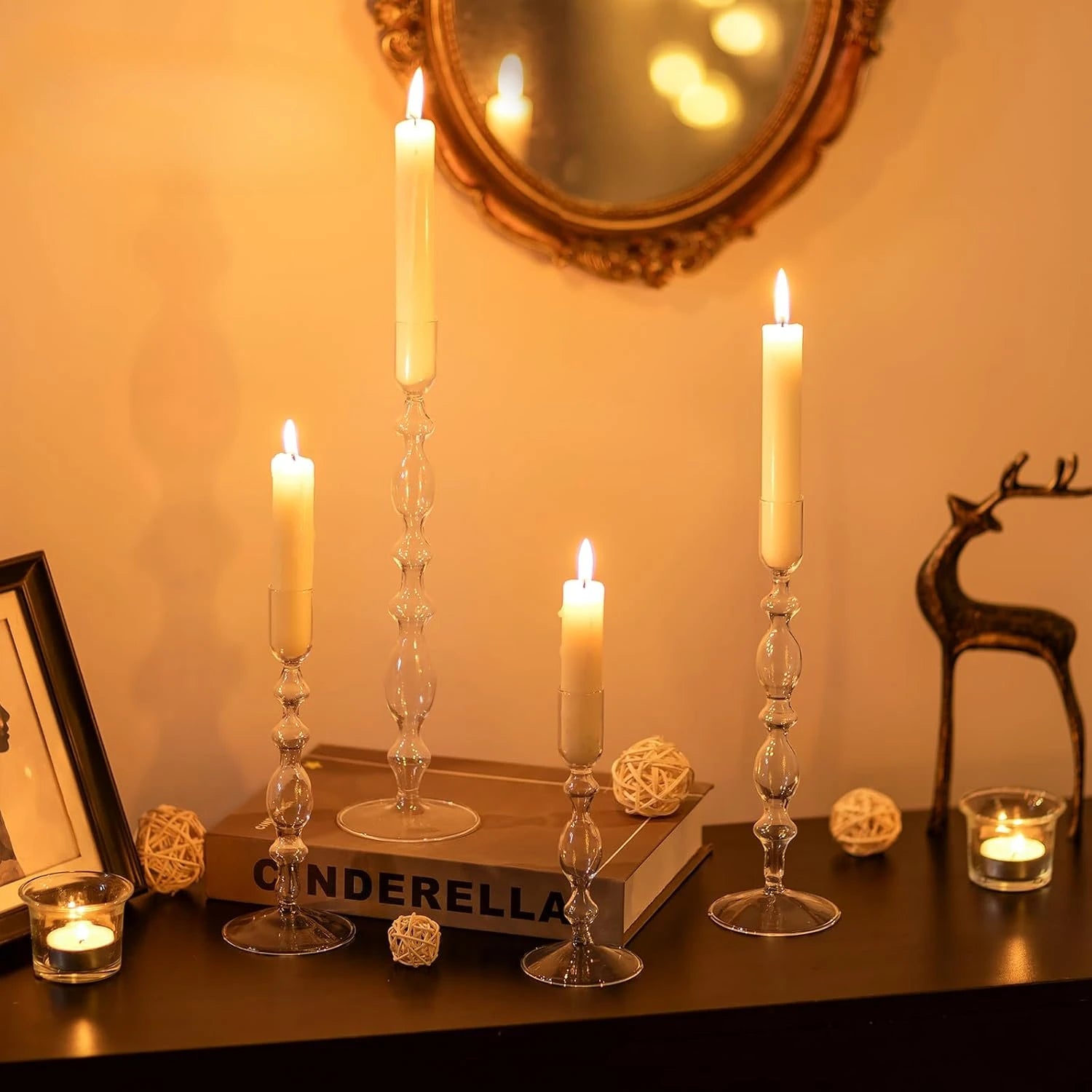 Assorted Clear Glass Candlestick Set - Vintage-Inspired Taper Holders (Set of 4)